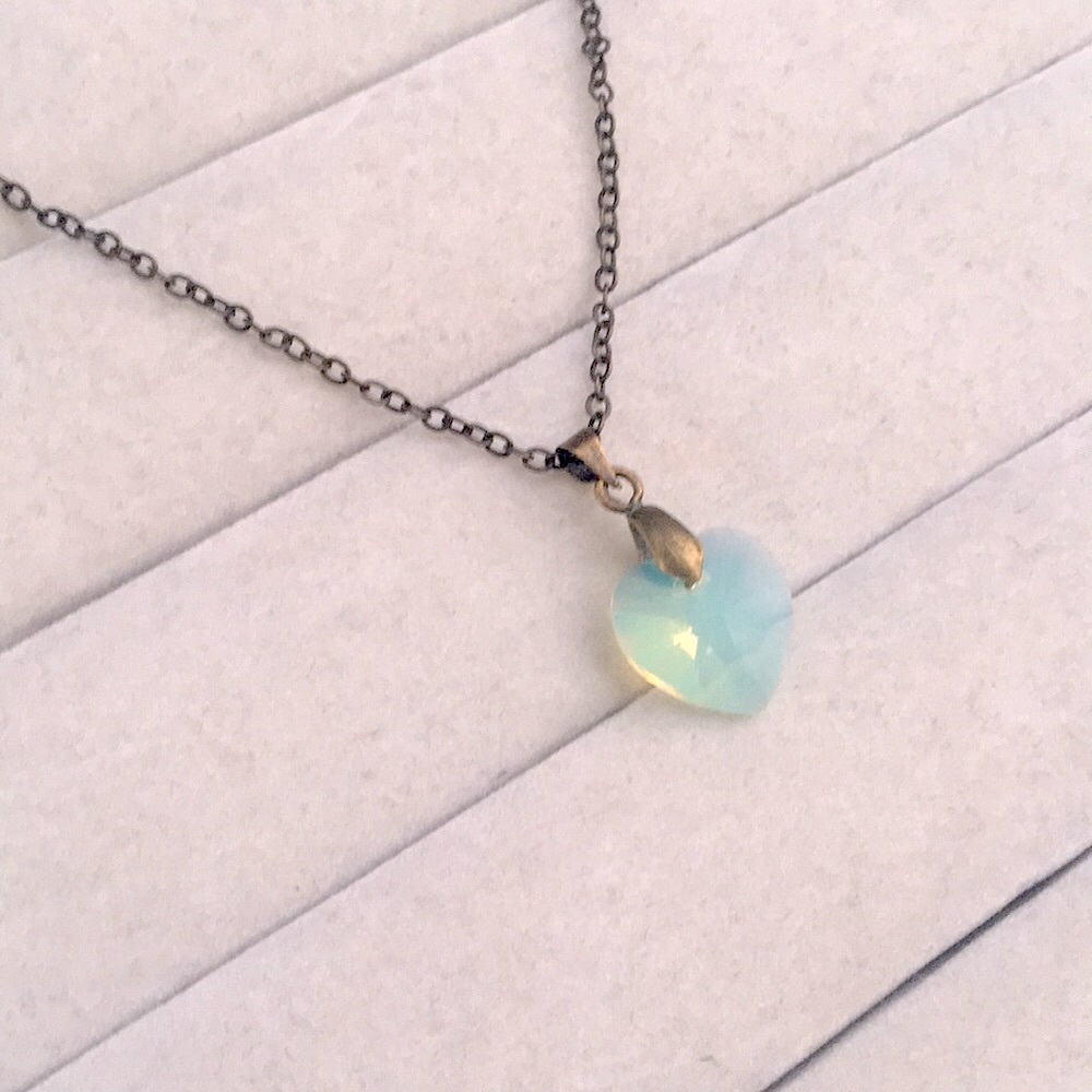 Chrysolite Green Opal + Antique Brass Crystal Heart Drop Pendant Necklace - Picture 4 of 4